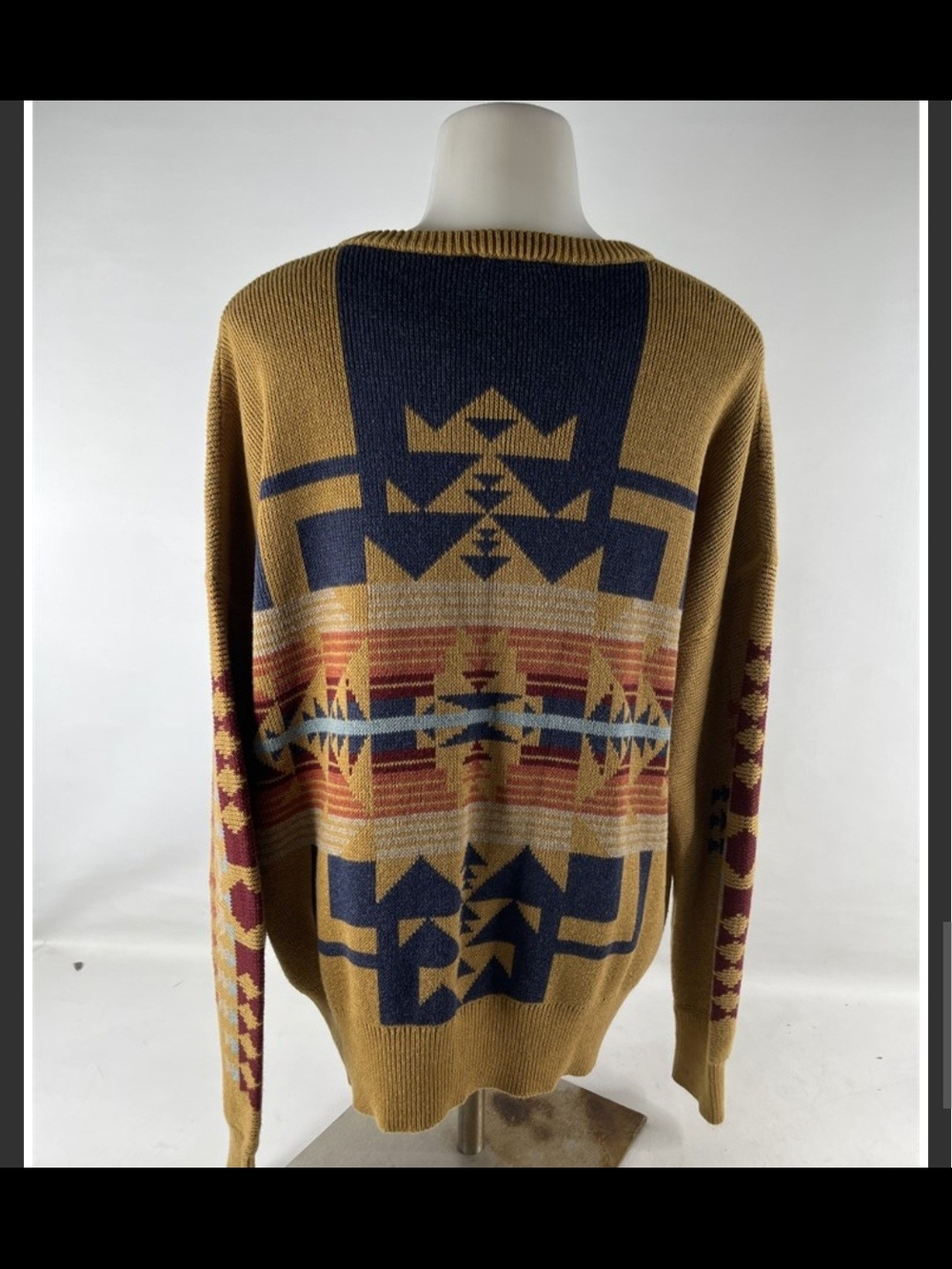 Pendleton Mustard V-Neck Aztec Knit Sweater with Navy and Rust Accents - Picture 3 of 4